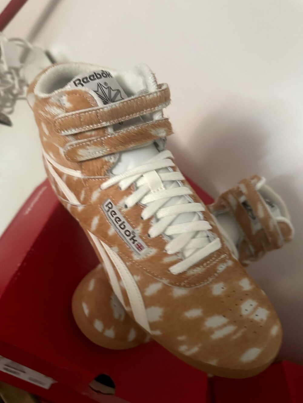 Reebok Womens' "PONY HAIR" Tan and White High-Top Sneakers with Velcro Straps